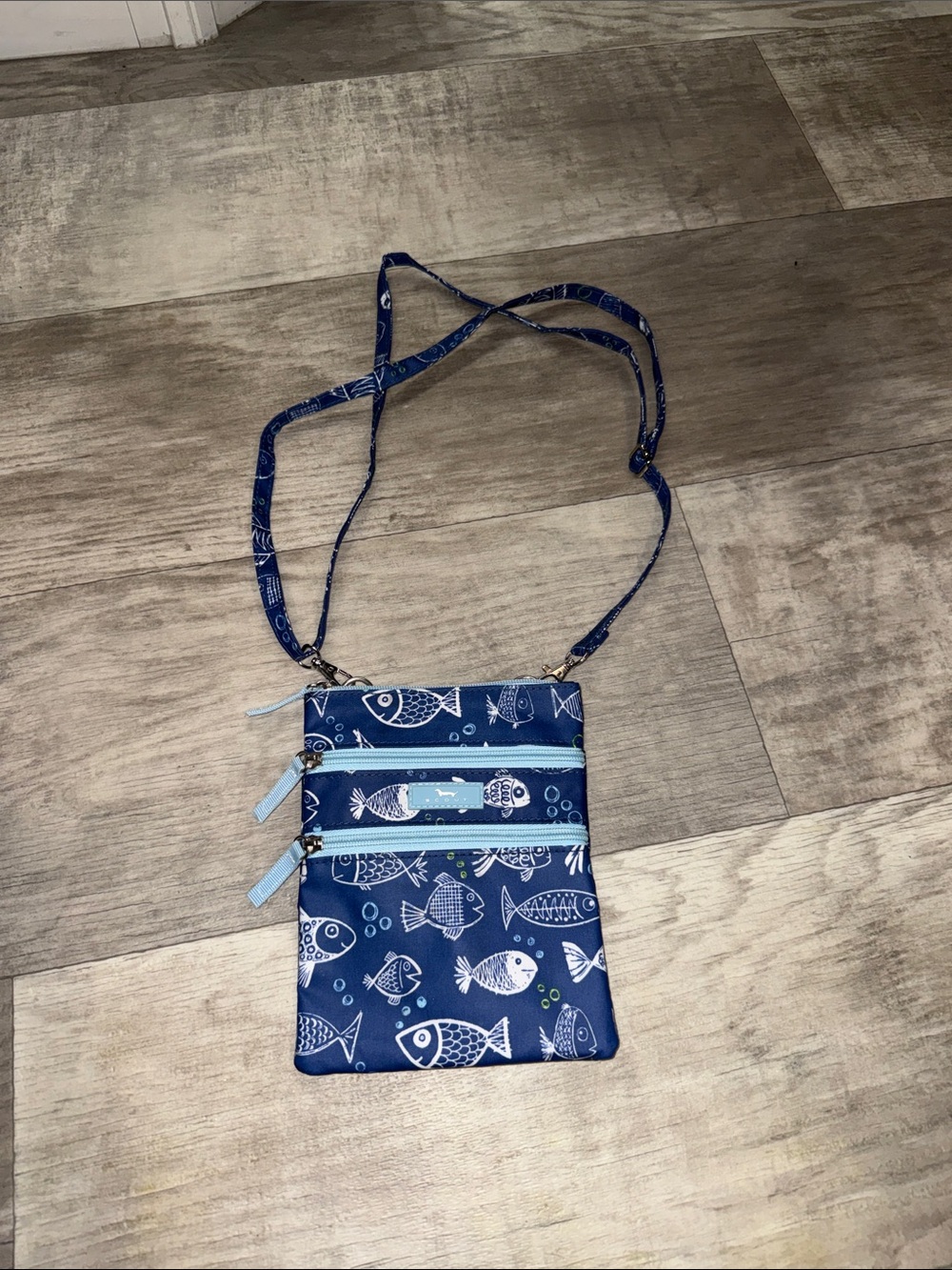 Scout Blue Fish-Print Crossbody Bag with Light Blue Accents